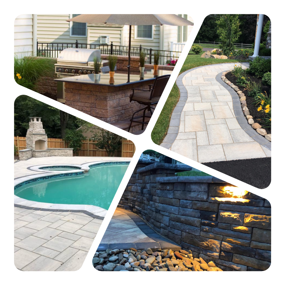 Collage of hardscape and outdoor living projects: stone kitchen bar, paver walkway, pool patio with stone fireplace, and lit retaining wall
